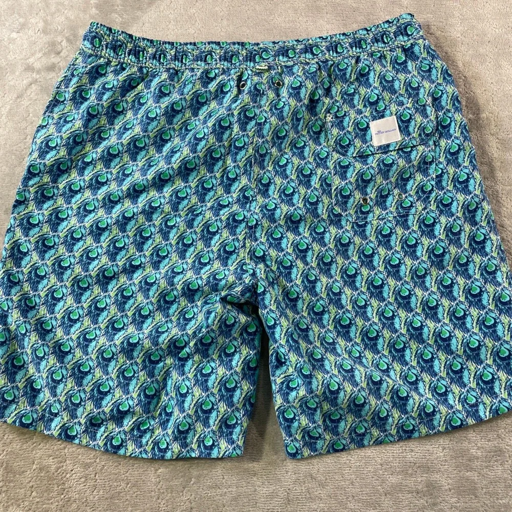 Peter Millar Swim Trunks Mens Medium Blue Green Peacock Feather Lined Summer